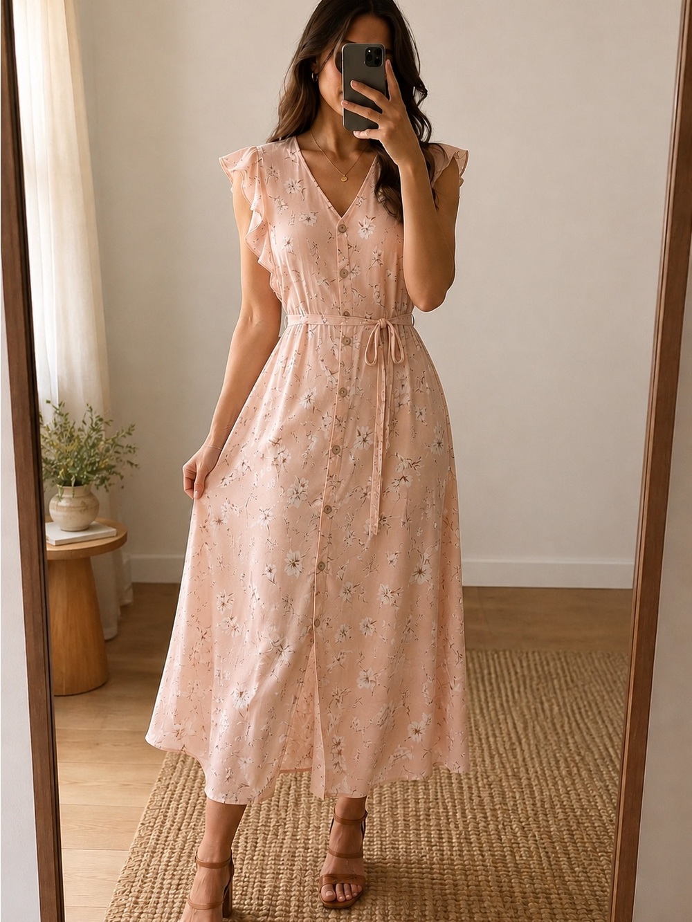 Anthropologie Naif Blush Pink Floral Midi Dress Flutter Sleeve Tie Waist Size L